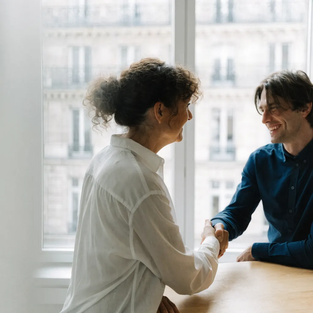 Deux professionnels échangent dans un bureau lumineux